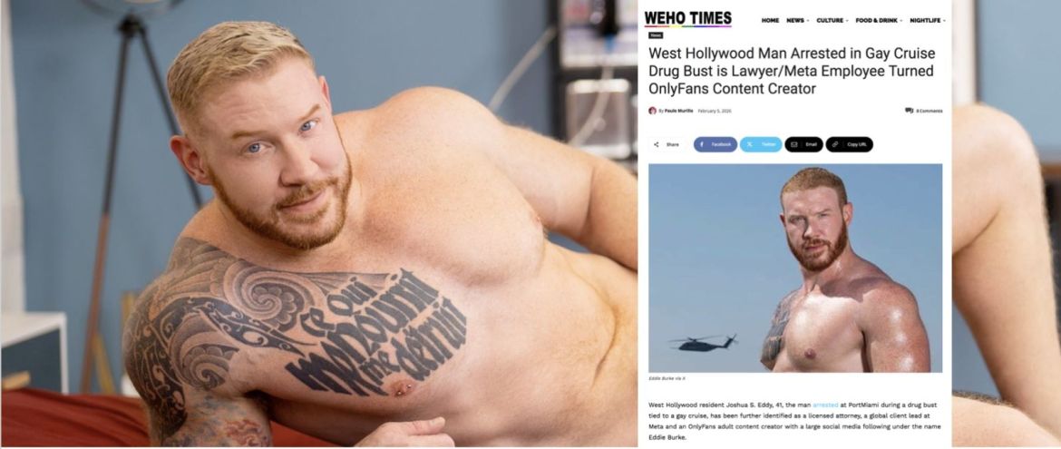 Beau roux musclé et tatoué du X gay US, Eddie Burke est dans la tourmente…