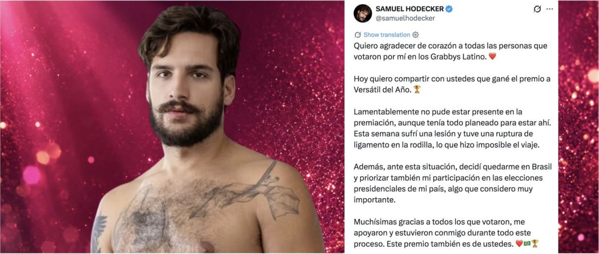 Prix du "Meilleur Latino versatile" aux "GRABBYS Latin 2026" qui se sont tenus en Colombie, Samuel Hodecker ne pouvait malheureusement pas y assister…
