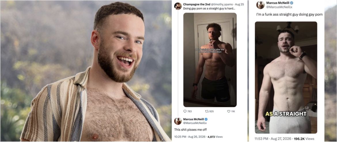 Trop c'est trop ! Le Québécois Marcus McNeill répond en deux temps à l'Américain Timothy Champagne qui se plaint de faire du porno gay alors qu'il est hétéro